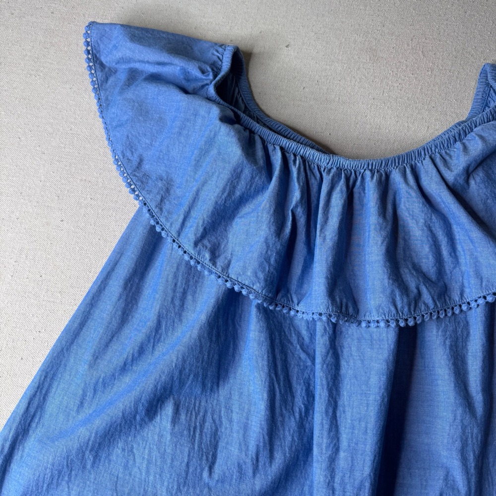 Faded Glory Blue 100% Cotton Chambray Ruffle Off Shoulder Boho Top Plus Size 3X